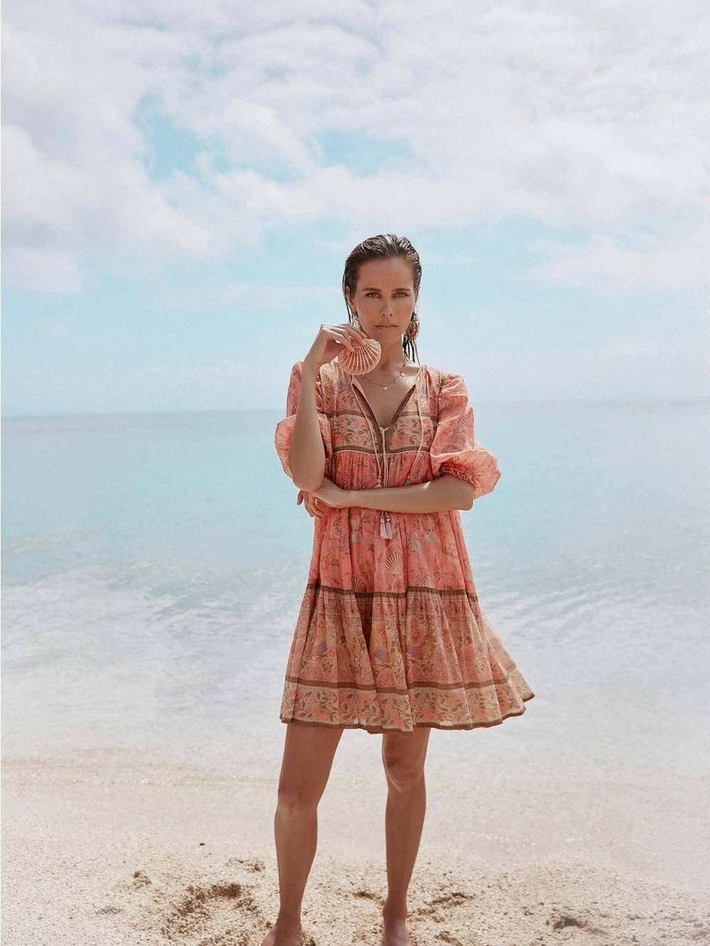 Spell Coral Floral Tiered Mini Dress